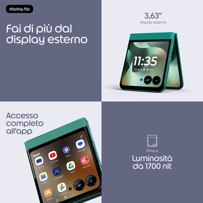 Motorola razr 70 (8/256GB, Doppia camera 50MP, Display interno FHD+ 6.9" 120Hz e esterno 3.62", MediaTek Dimensity 7450X, 4800mAh, TurboPower 30W, Android 16), PANTONE Sporting Green