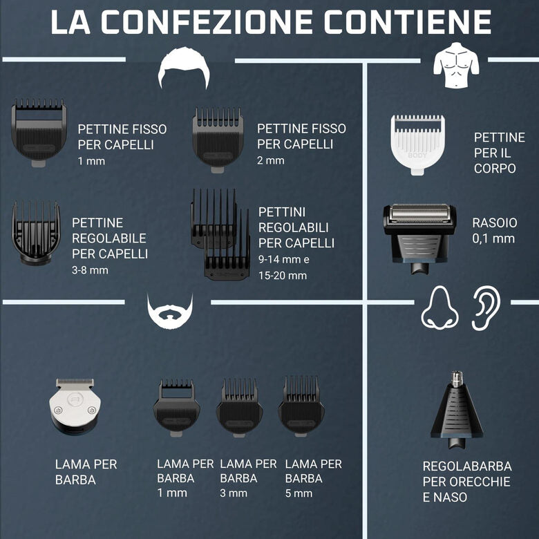Rowenta X Series 700 Regolabarba Multifunzione 14-in-1 da Uomo, Lame Autoaffilanti in Acciaio Inox ad Alto Tenore di Carbonio, TN9650