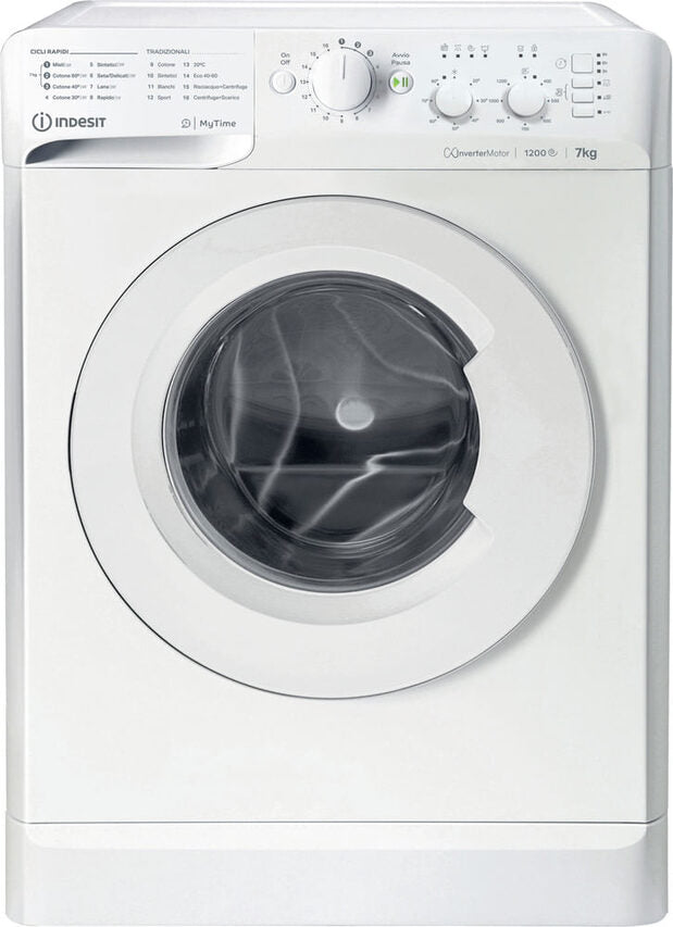 Indesit MTWC 71296 W IT Lavatrice A Libera Installazione 7 Kg, 1200 Giri, Motore Inverter, Blocco Tasti, Partenza Ritardata, Classe A, Bianco