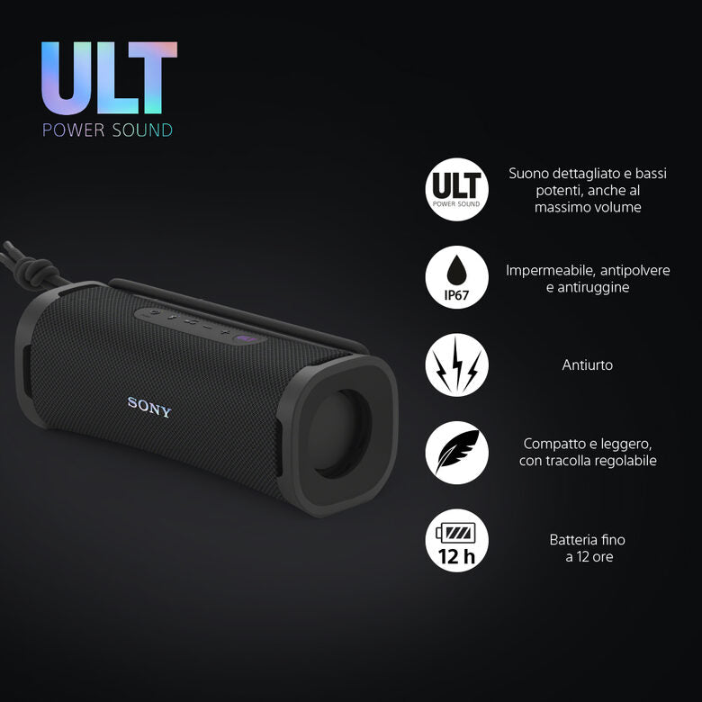 Sony ULT FIELD 1 Speaker portatile wireless Bluetooth con ULT POWER SOUND impermeabile, antipolvere, antiurto, fino a 12 ore Black
