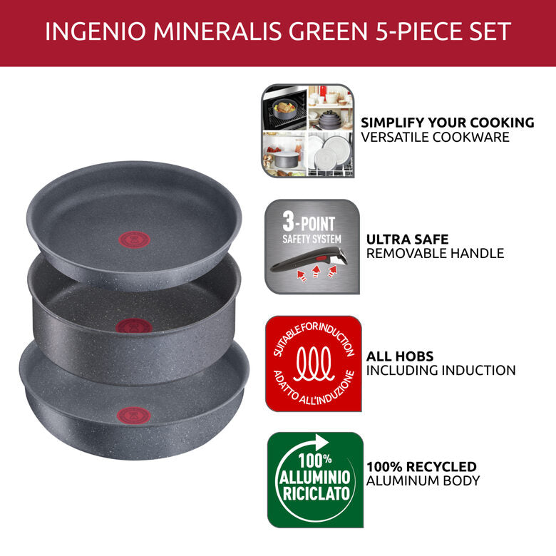 Lagostina Ingenio Mineralis , Set padelle, Antiaderente, Manico rimovibile, Induzione e gas, 5 pz.