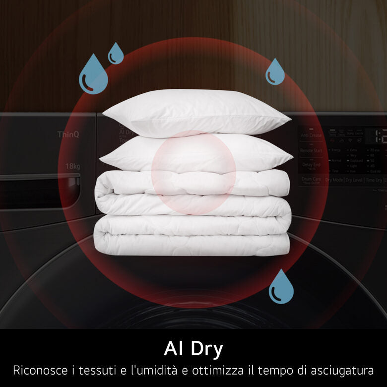 LG RH18U8AVCW Asciugatrice A Libera Installazione 18 Kg, Pompa Di Calore, Dual Inverter, Motore Direct Drive, AI Dry, Wi-Fi, Classe D, Bianca