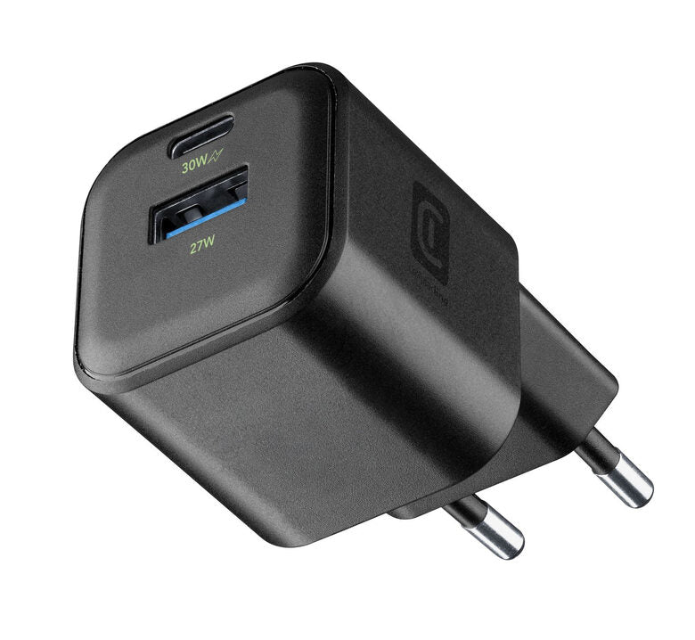 Cellularline MULTIPOWER 2 GAN ENTRY A+C 30W Caricabatterie da rete compatto 30W con 2 porte USB-C e USB-A con tecnologia GAN