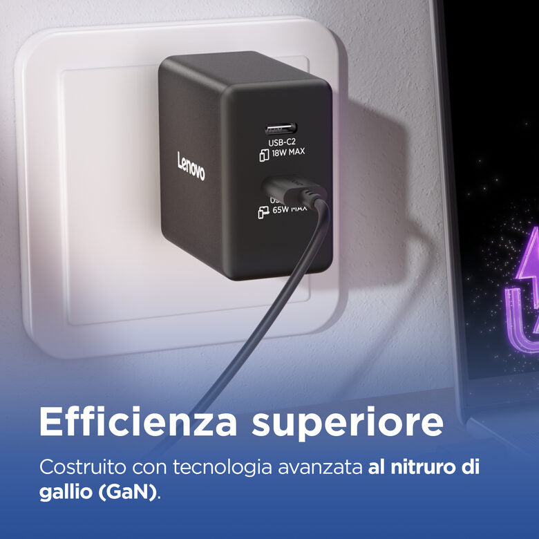 Lenovo Dual USB-C 65W GaN Charger, alimentatore compatto da muro con doppia Type-C, cavo USB-C 1,5 m incluso - ideale per laptop, cellulare e tablet: un solo caricabatterie per più dispositivi