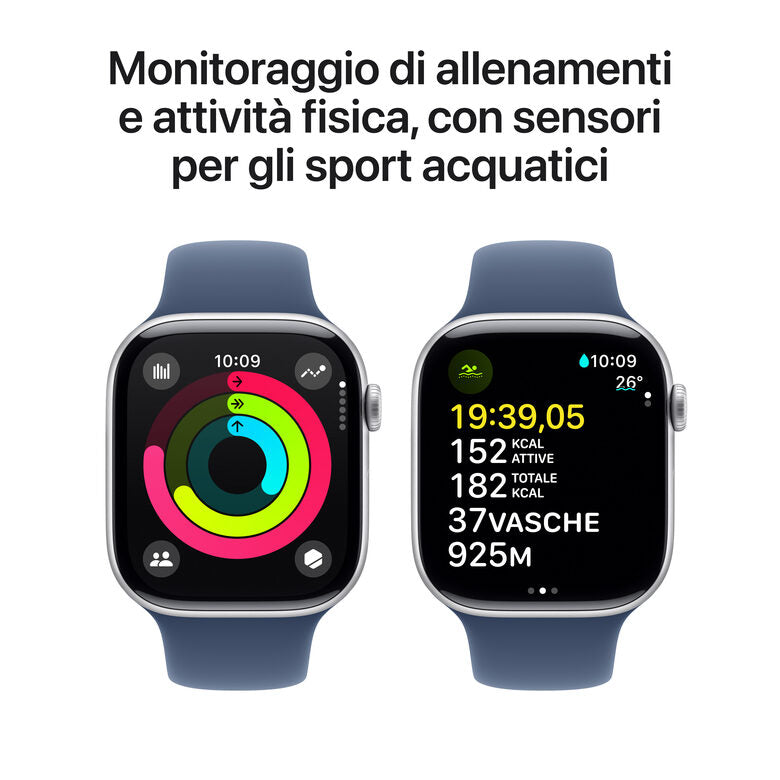 Apple Watch Series 10 Serie 10 GPS 46mm Cassa in Alluminio Color Argento con Denim Sport Band - S/M