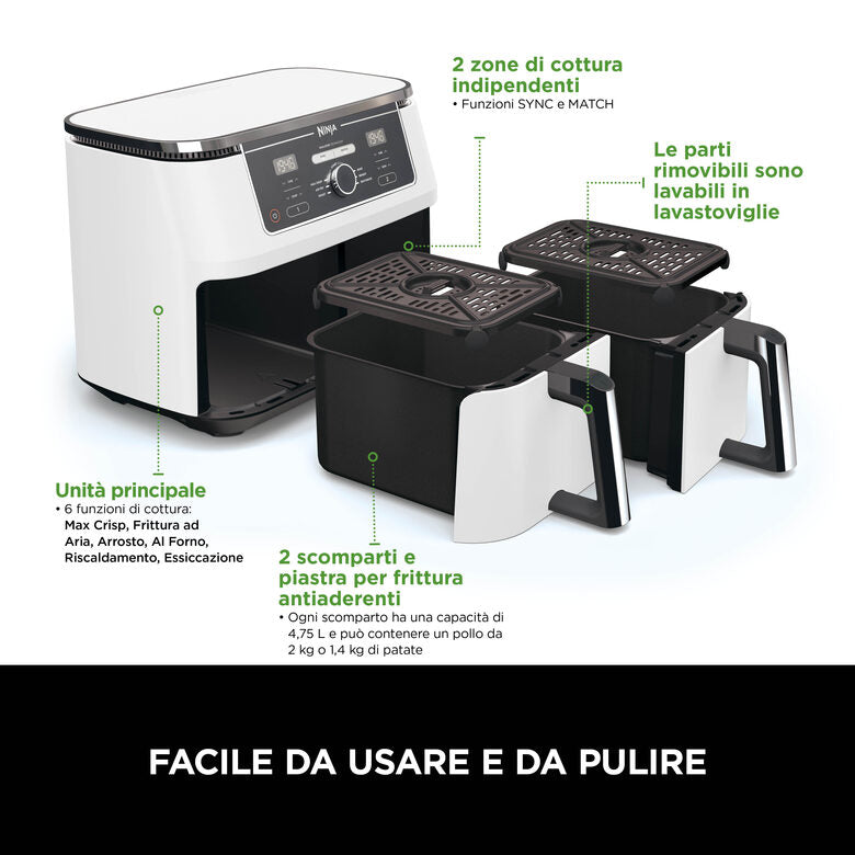 Ninja AF400EU Doppia 9,5 L Indipendente 2470 W Friggitrice ad aria calda Bianco