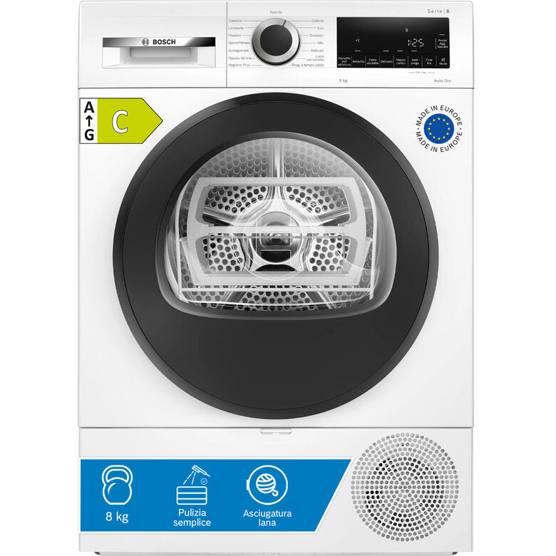 Bosch WQG233d1II Serie 6 Asciugatrice A Libera Installazione 8 Kg, Pompa Di Calore, Auto Dry, Filtro Easy Clean, Classe C, Bianco