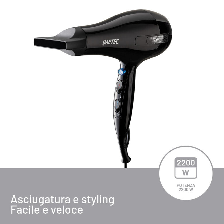 Imetec Asciugacapelli S6 2000, 2200W, 2 velocità, 3 temperature, Colpo Aria Fredda, Convogliatore Stretto