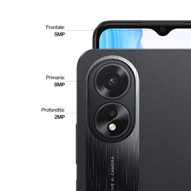 OPPO A18 4G Smartphone, AI Doppia fotocamera 8+2MP, Selfie 5MP, Display 6.56” 90HZ LCD HD+, 5000mAh, RAM 8 GB (4+4) + ROM 128GB, IP54, [Versione Italia],Glowing Black