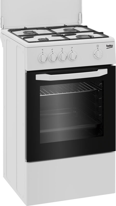 Beko Cucina CSG42009DW, (LxDxA) 50x50x85, Bianca, Forno a gas + grill, piano cottura a gas 4 zone, Coperchio in metallo