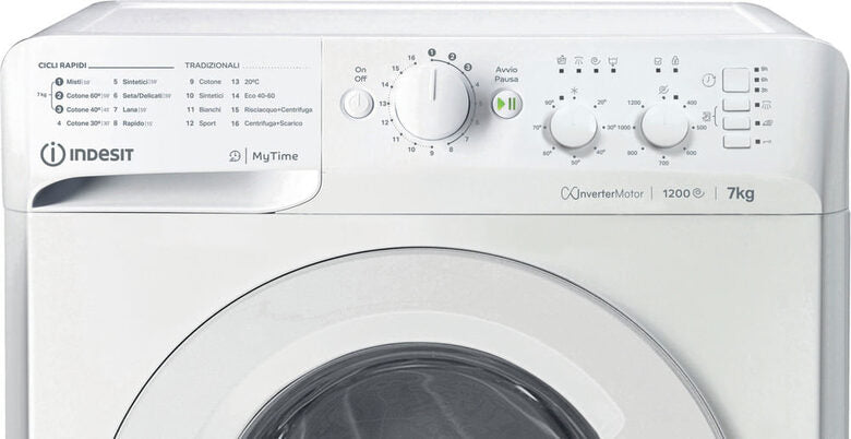 Indesit MTWC 71296 W IT Lavatrice A Libera Installazione 7 Kg, 1200 Giri, Motore Inverter, Blocco Tasti, Partenza Ritardata, Classe A, Bianco