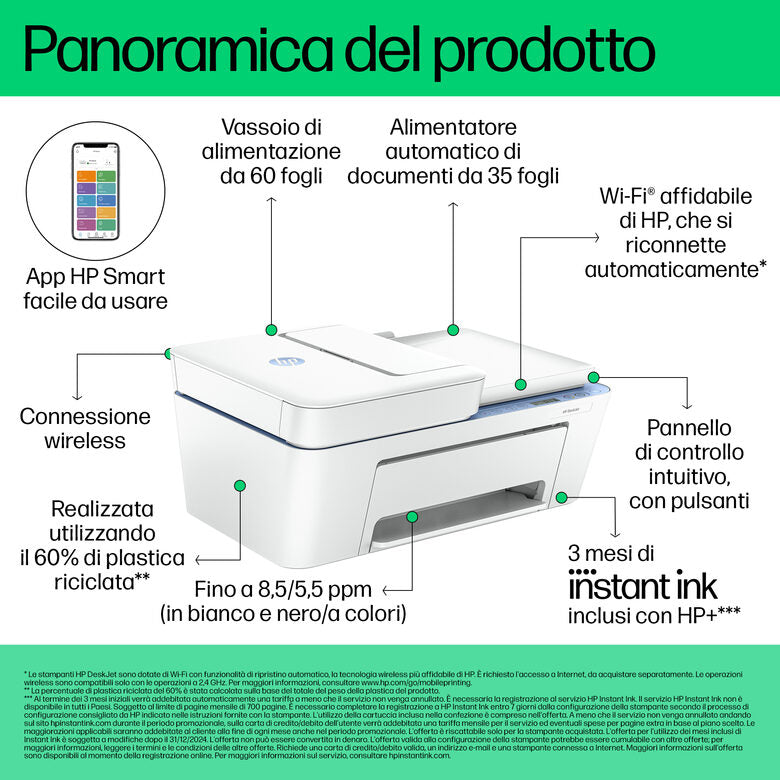 HP DeskJet 4222e Wireless All-in-One Colore Stampante, Instant Ink; Fotocopiatrice, scanner