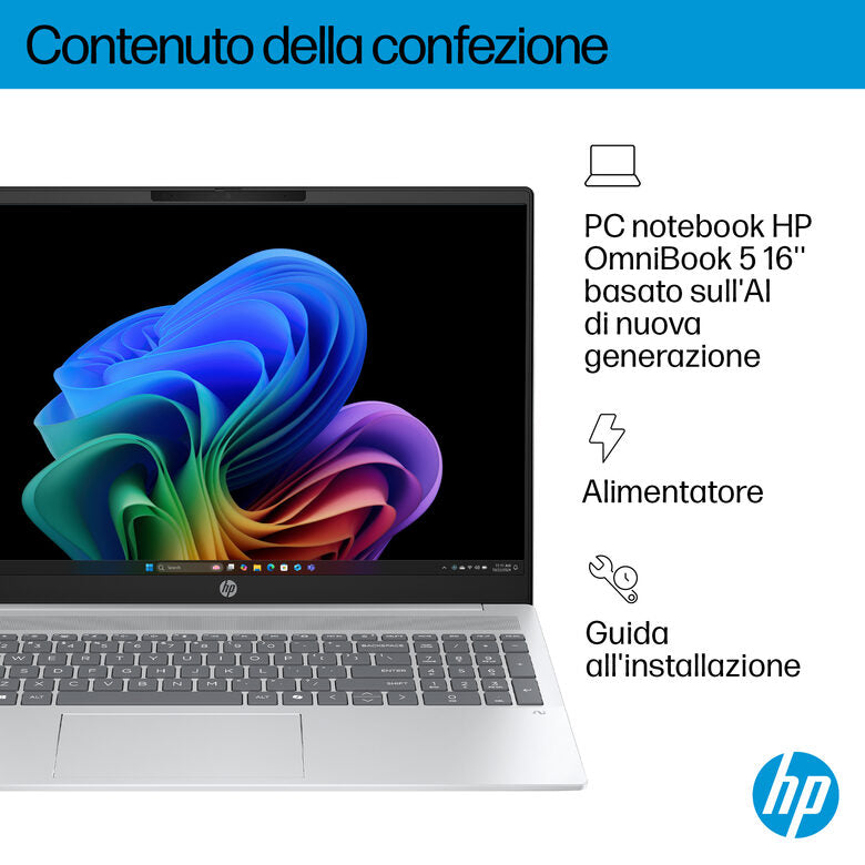 HP OmniBook 5 Laptop Next Gen AI 16-ag1034nlx Copilot+ PC AMD Ryzen AI 5 330 Computer portatile 40,6 cm (16") 2K 16 GB LPDDR5x-SDRAM 512 GB SSD Wi-Fi 6 (802.11ax) Windows 11 Home Argento
