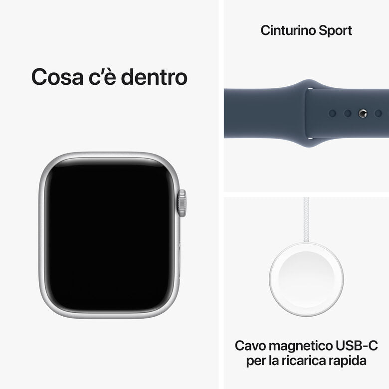 Apple Watch Series 9 GPS Cassa 45mm in Alluminio Argento con Cinturino Sport Blu Tempesta - S/M