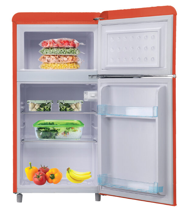 DCG Eltronic MF100RCDP Frigorifero Combinato A Libera Installazione, Autoscongelamento, Termostato Regolabile, Design Retrò, Rosso