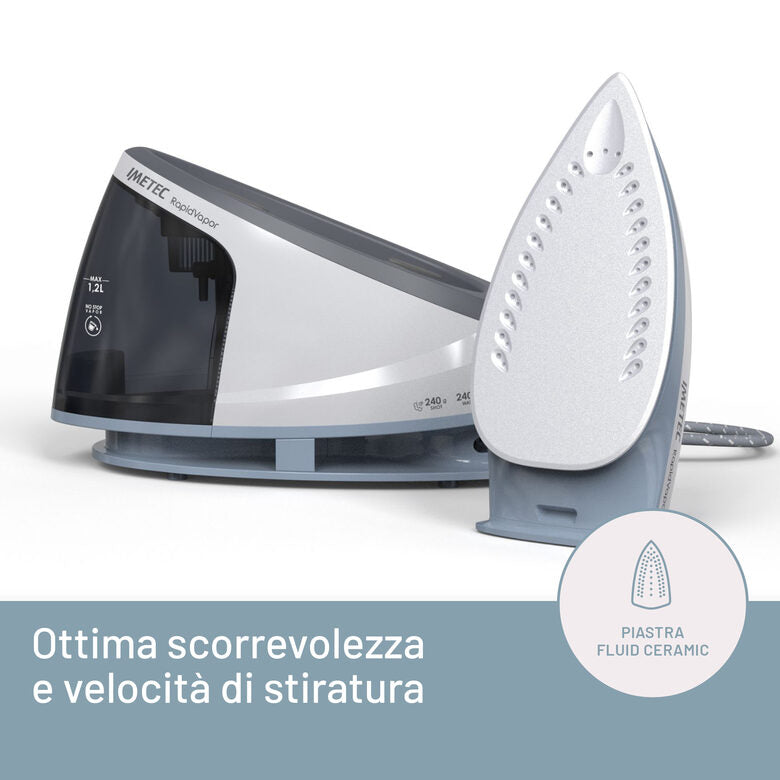 Imetec Sistema Stirante Rapidvapor, Piastra Fluid Ceramic, Rapido Riscaldamento, Leggero, 2400 W, Colpo Vapore 240 g