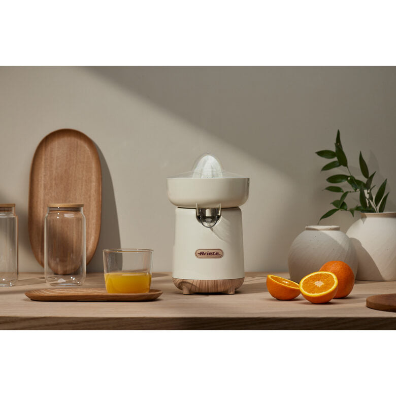 Ariete 417 Spremiagrumi Breakfast Wood, 40W, Effetto Legno, 2 Coni, Beccuccio Antigoccia, Attivazione a Pressione, Beige