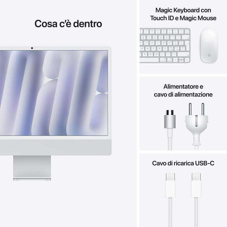 Apple iMac 24"Retina Display 4,5K, Chip M4 con CPU 10‑core, GPU 10‑core, 16GB, 256GB SSD, Argento
