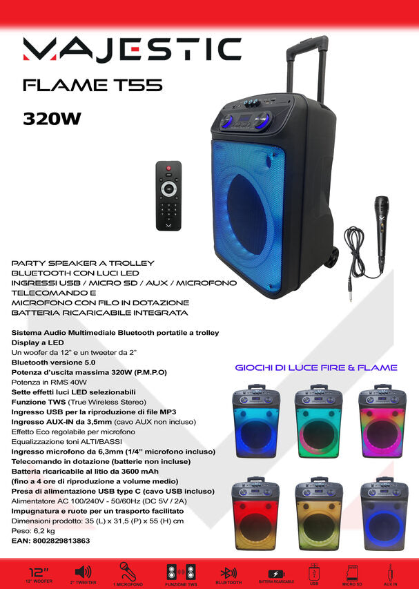 New Majestic Flame T55 Sistema PA trolley 40 W Nero
