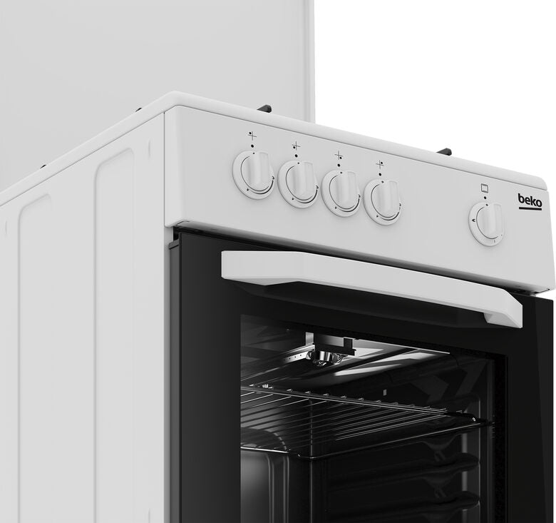 Beko Cucina CSG42009DW, (LxDxA) 50x50x85, Bianca, Forno a gas + grill, piano cottura a gas 4 zone, Coperchio in metallo