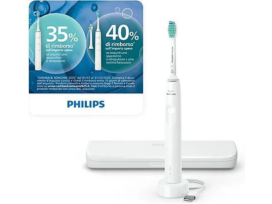 Philips 3100 series Sonicare Spazzolino Elettrico Sonico Bianco, con custodia da viaggio HX3673/13