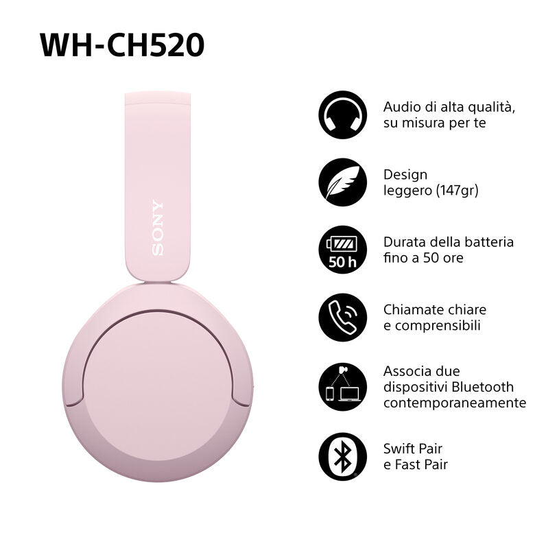 Sony WHCH520P.CE7 cuffia e auricolare Wireless A Padiglione Musica e Chiamate USB tipo-C Bluetooth Rosa