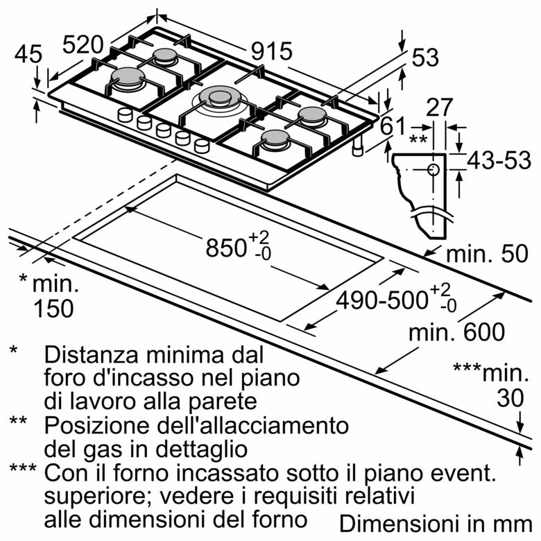 Bosch Serie 6 PCR9A5I90 , Piano cottura a gas, 90 cm, Acciaio inox