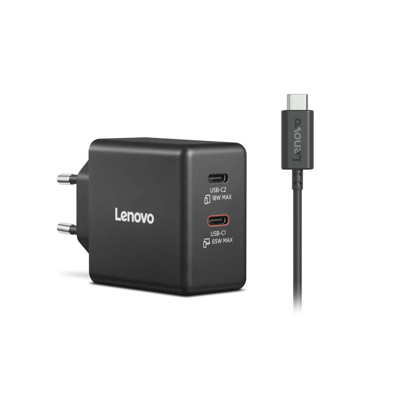 Lenovo Dual USB-C 65W GaN Charger, alimentatore compatto da muro con doppia Type-C, cavo USB-C 1,5 m incluso - ideale per laptop, cellulare e tablet: un solo caricabatterie per più dispositivi